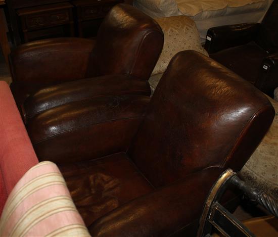Pr French leather club armchairs
